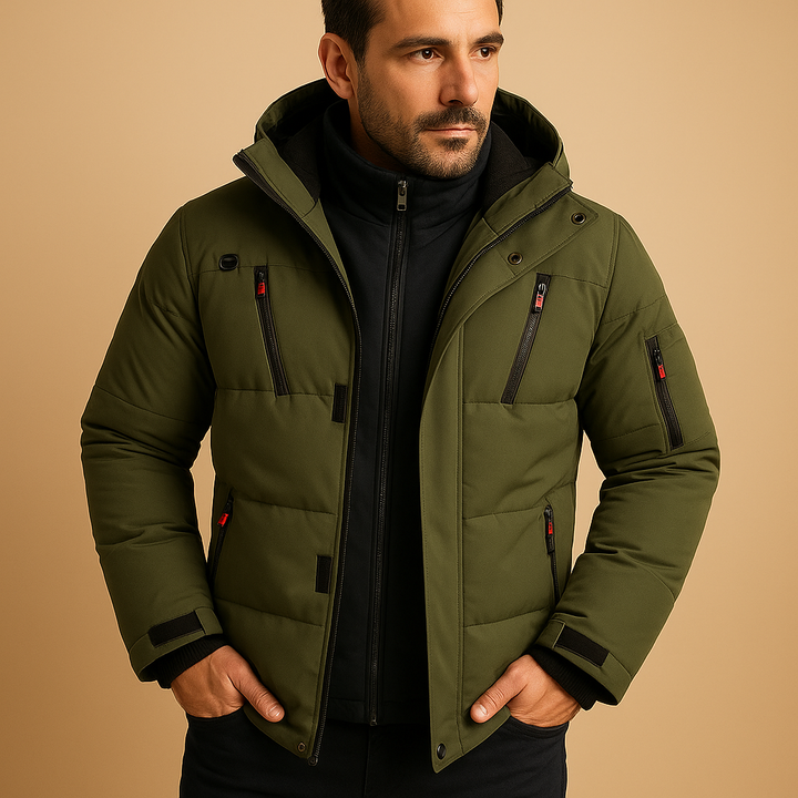 Green Five-Pocket Matte Puffer Jacket worn front view