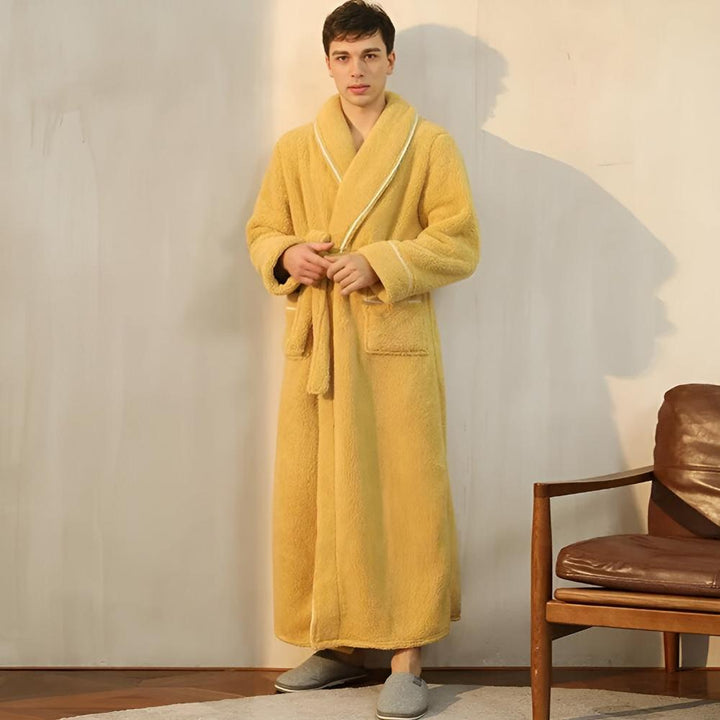 Flannel Shawl-Collar Robe worn in a relaxed setting