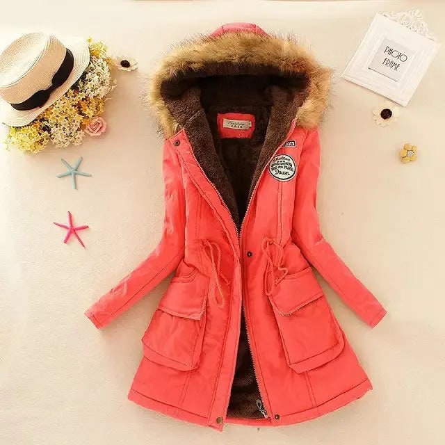 Watermelon Red Fleece-Lined Drawstring Parka front view