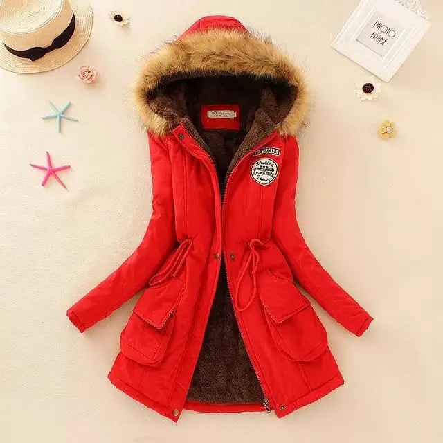 Red Fleece-Lined Drawstring Parka front view