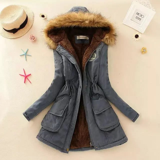Denim Blue Fleece-Lined Drawstring Parka front view