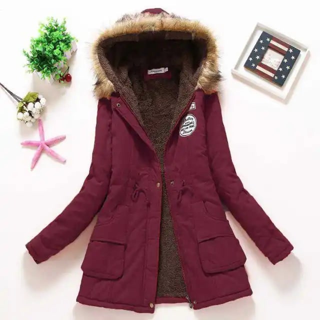 Wine Red Fleece-Lined Drawstring Parka front view