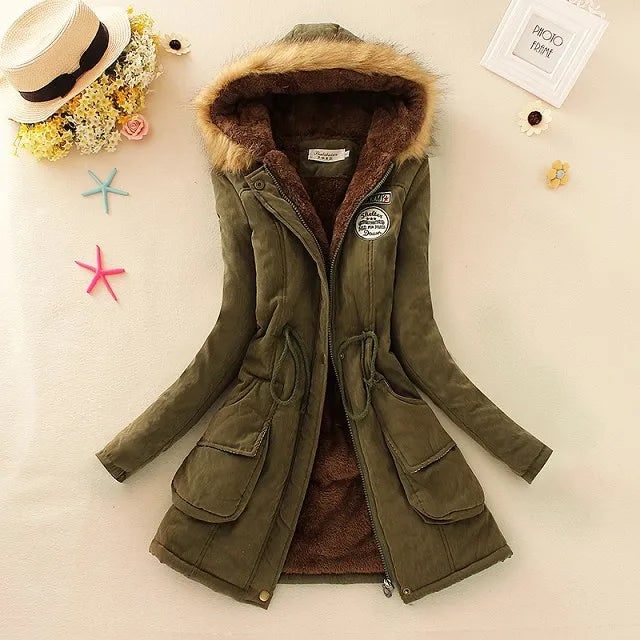 Olive Green Fleece-Lined Drawstring Parka front view