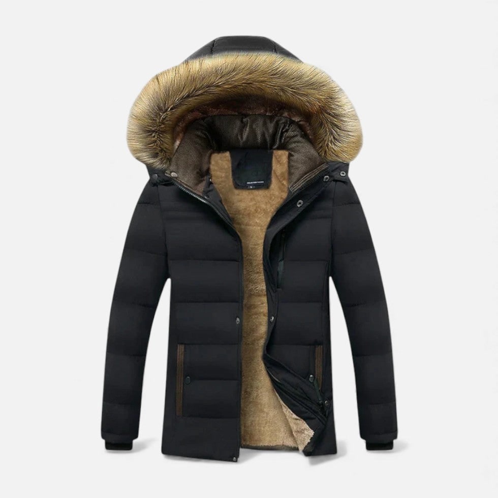 Black Fleece-Lined Hooded Winter Coat front view
