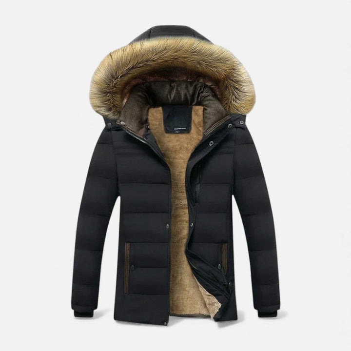 Black Fleece-Lined Hooded Winter Coat front view