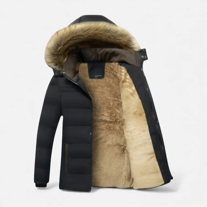 Black Fleece-Lined Hooded Winter Coat open front lining view