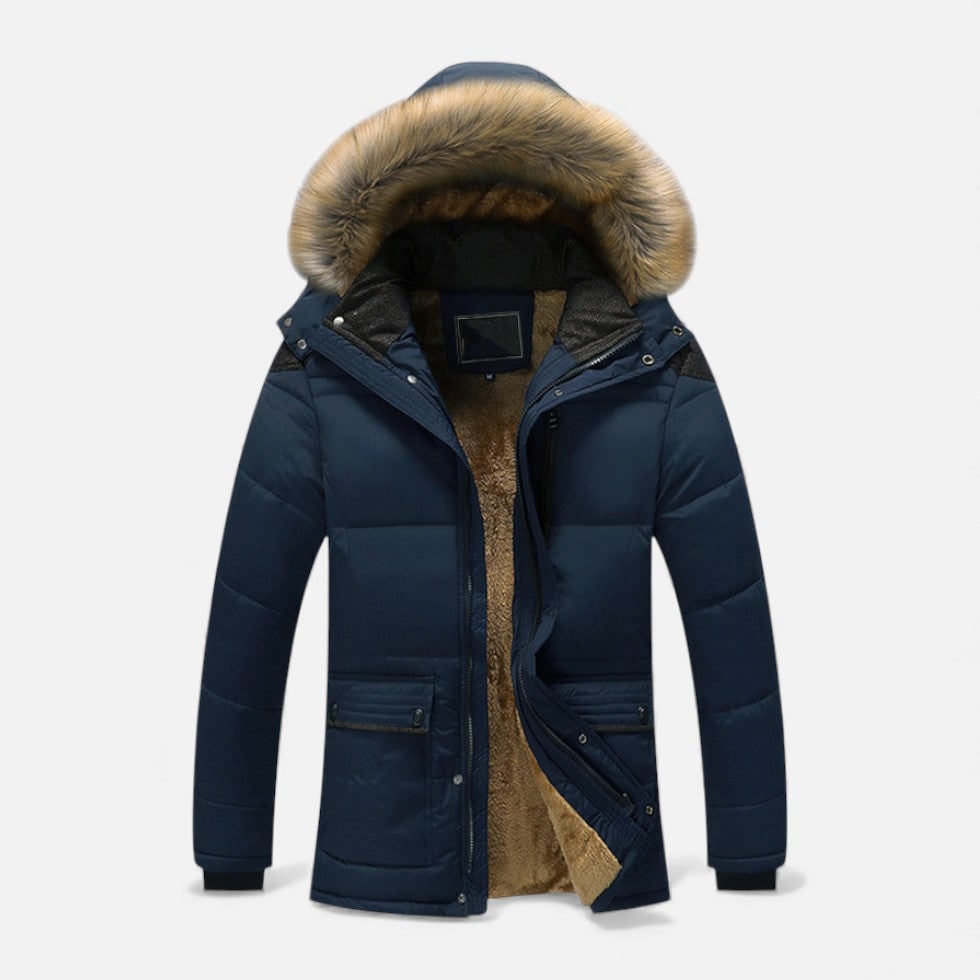 Blue Fleece-Lined Hooded Winter Coat front view