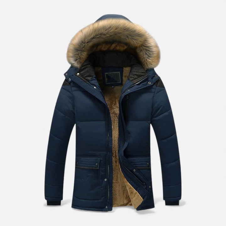 Blue Fleece-Lined Hooded Winter Coat front view