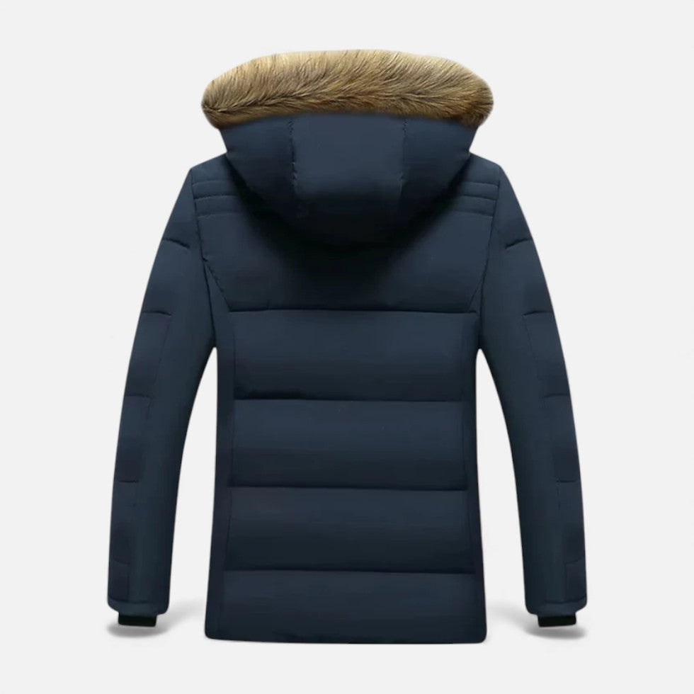 Blue Fleece-Lined Hooded Winter Coat back view