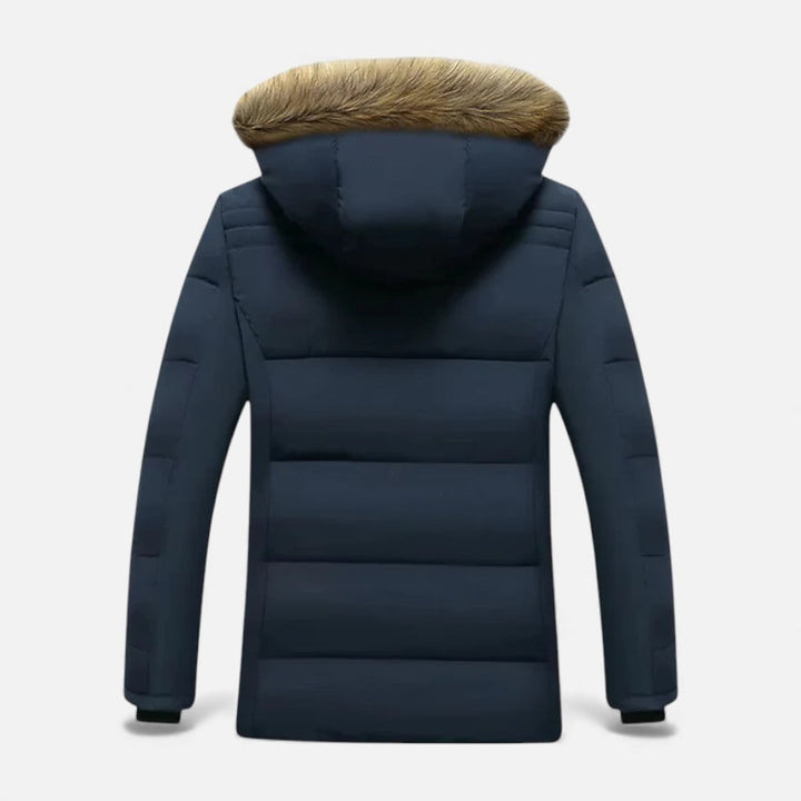 Blue Fleece-Lined Hooded Winter Coat back view