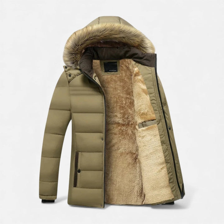 Khaki Fleece-Lined Hooded Winter Coat front view