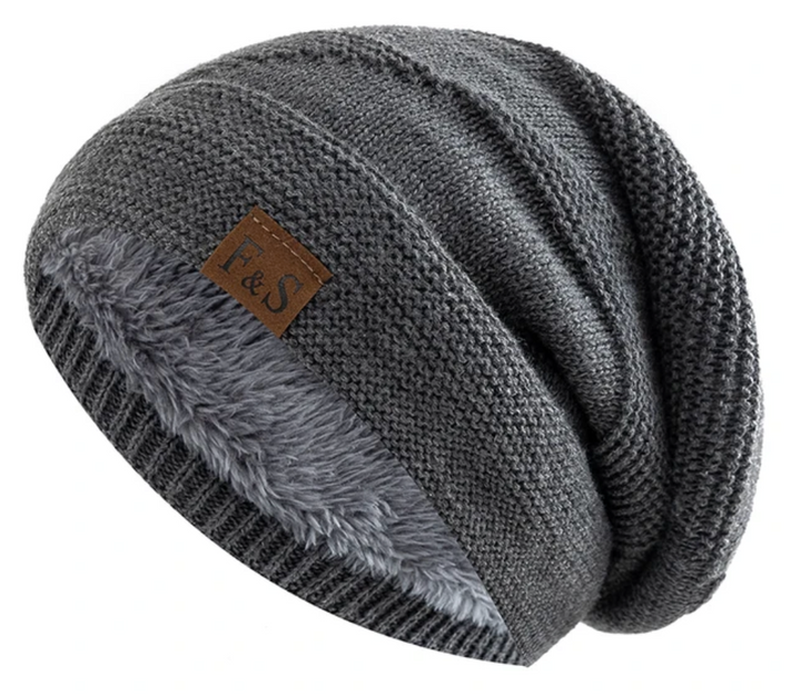 Grey Fleece-Lined Knit Beanie front view