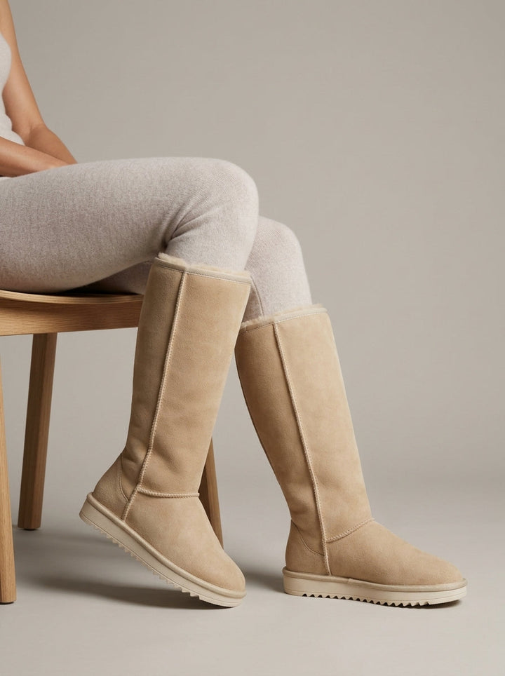 Beige fleece-lined knee-high boots worn seated