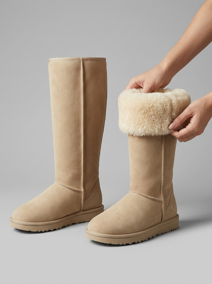 Fleece-lined knee-high boot fold-down cuff lining detail