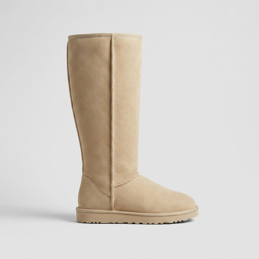 Beige fleece-lined knee-high boot side view