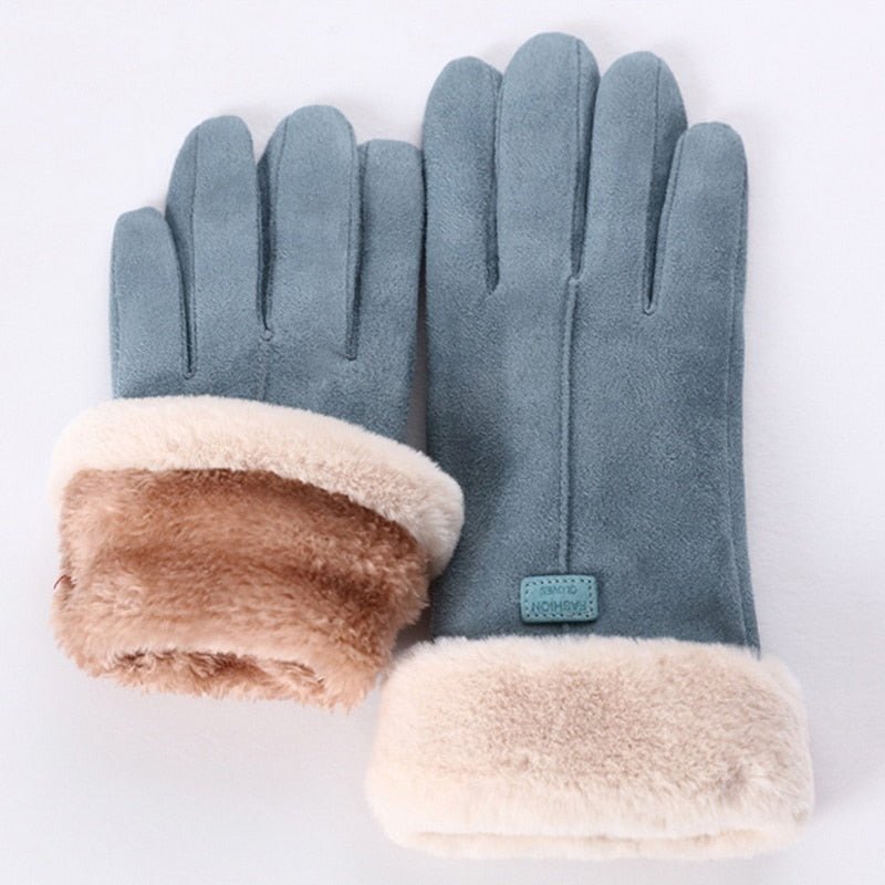 Blue Fleece-Lined Suede Winter Gloves with lining shown