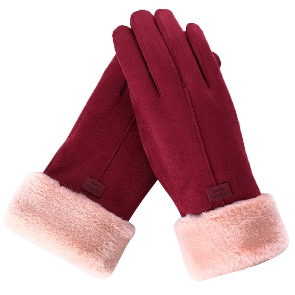 Red Fleece-Lined Suede Winter Gloves angled view