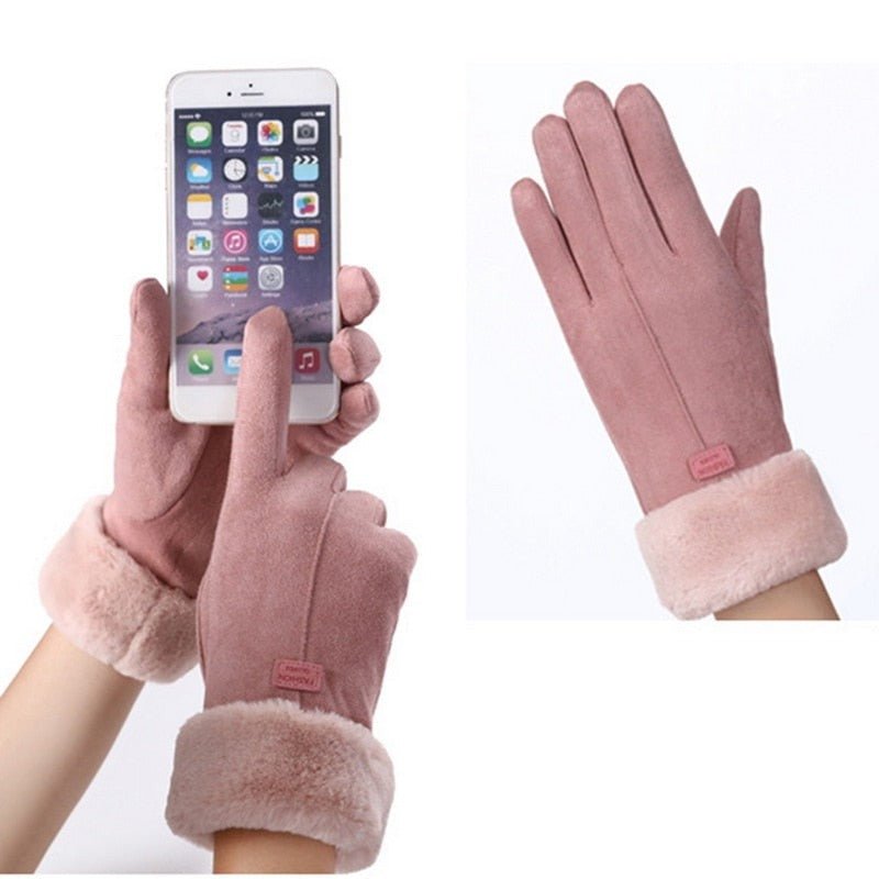 Pink Fleece-Lined Suede Winter Gloves worn and flat views