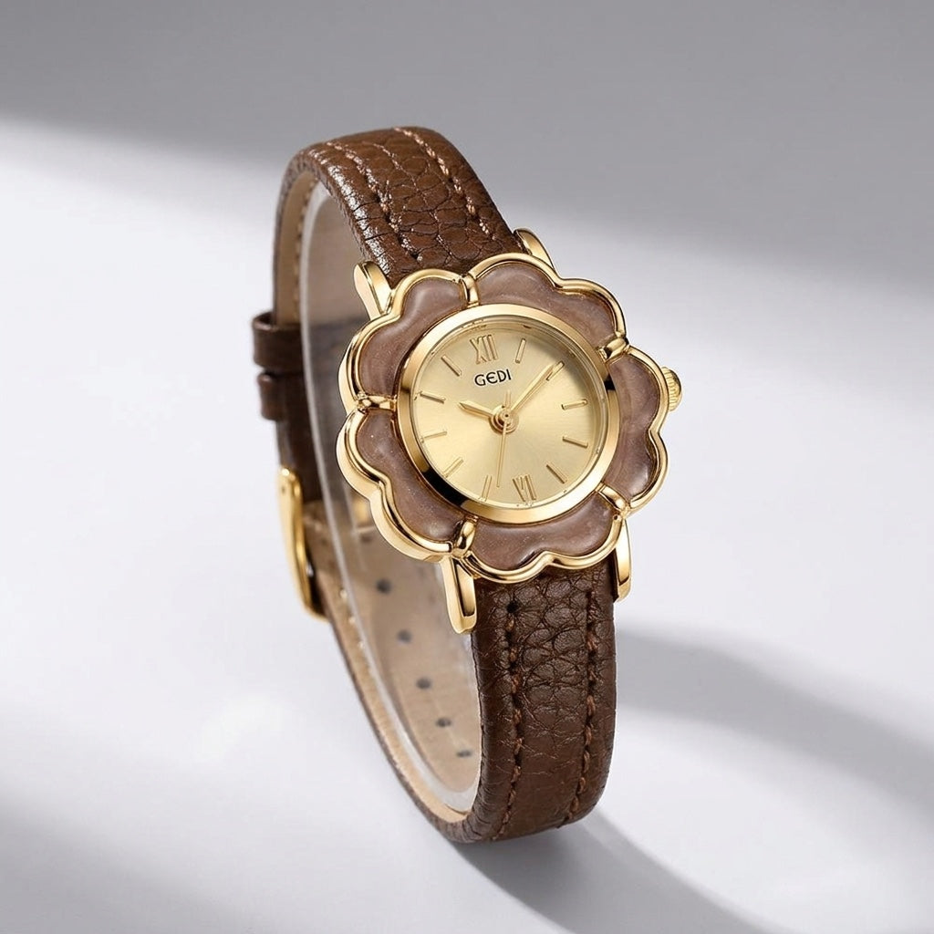Brown Floral Case Leather Watch three-quarter view