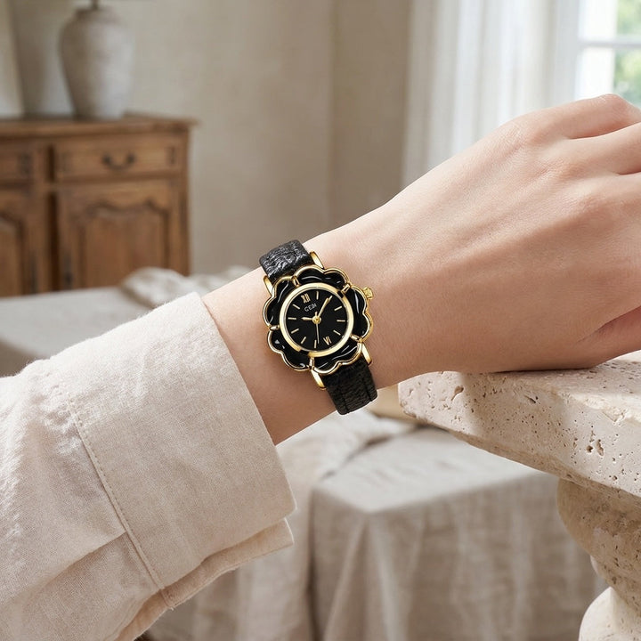 Black Floral Case Leather Watch lifestyle