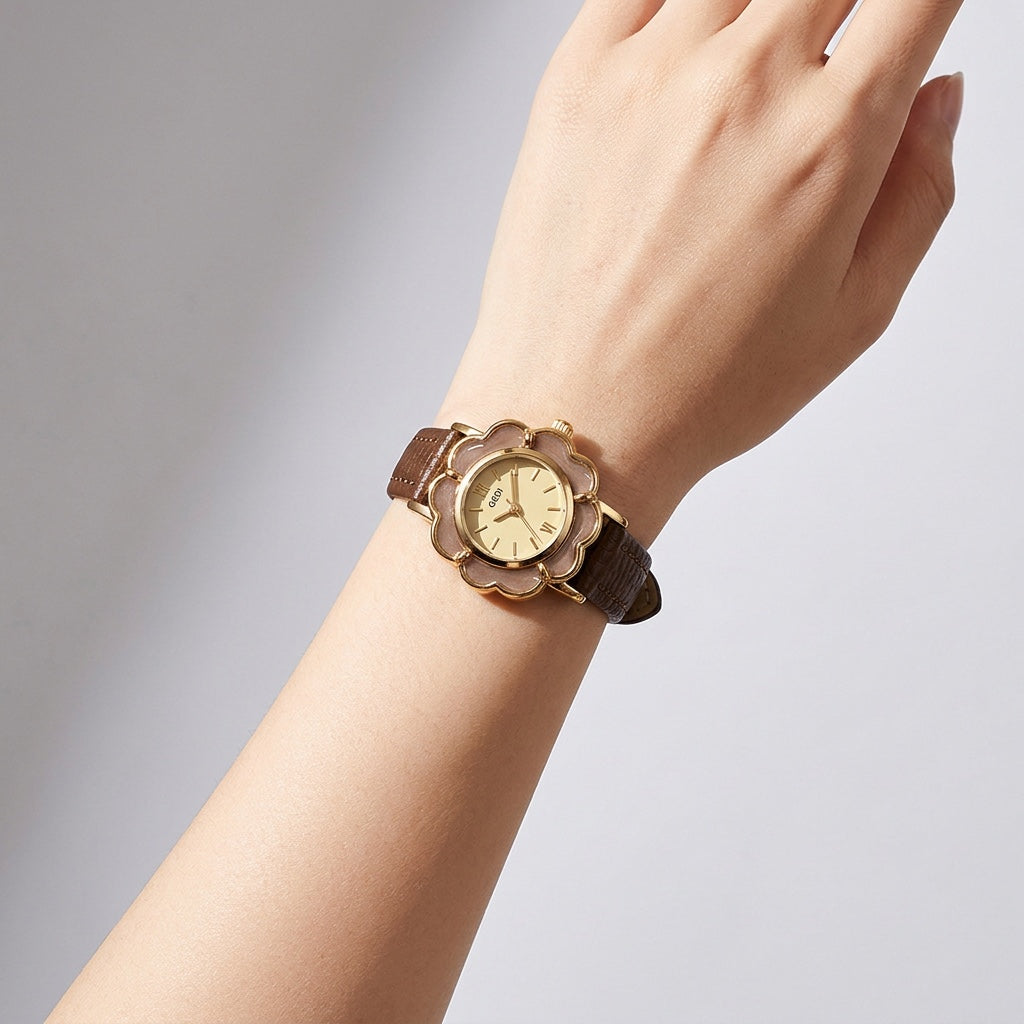 Brown Floral Case Leather Watch worn on wrist