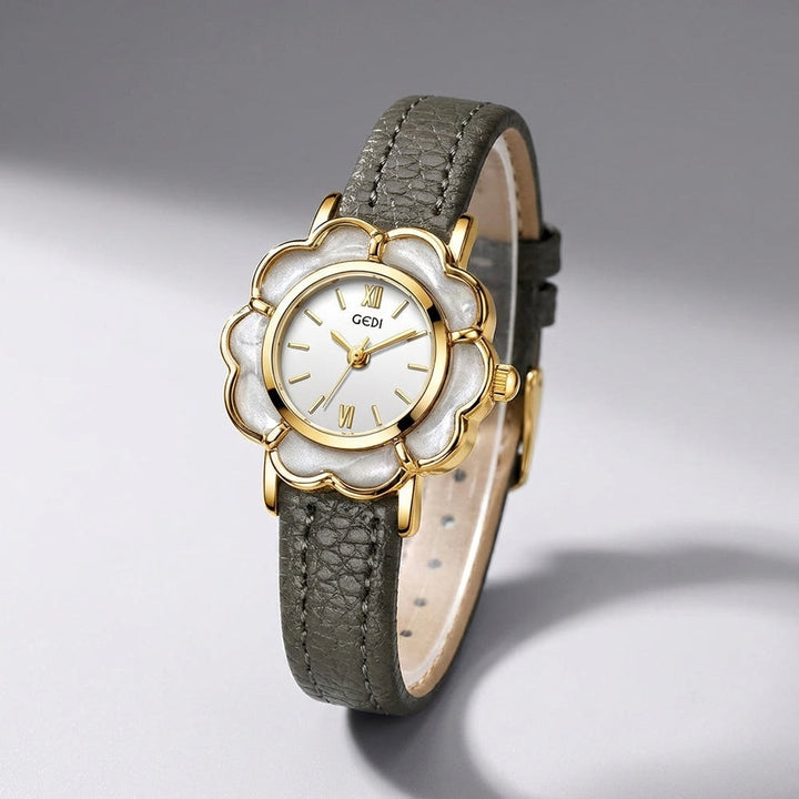 Grey Floral Case Leather Watch three-quarter view