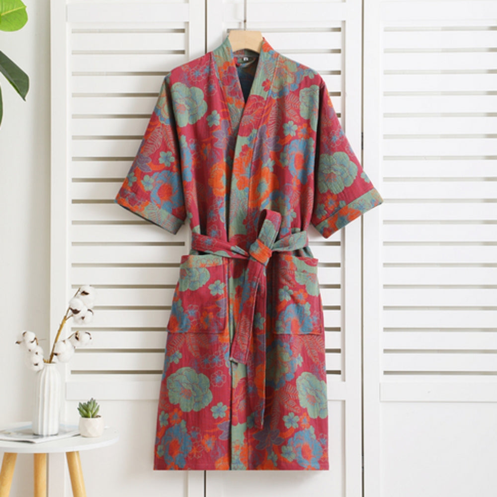 Red Floral Cotton Gauze Kimono Robe front view