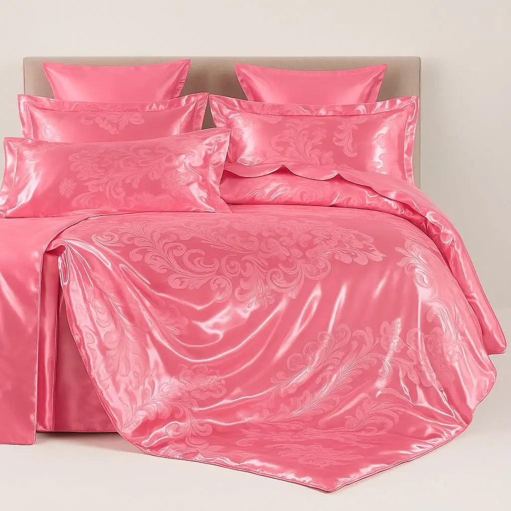 Rose Red Floral Jacquard Duvet Cover and Sheet Set on bed