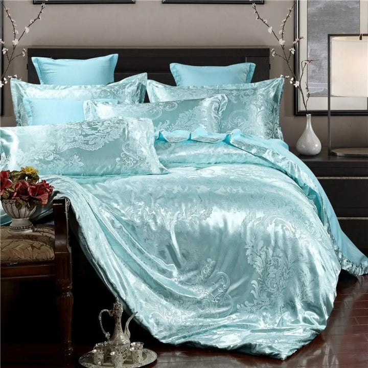 Blue Floral Jacquard Duvet Cover and Sheet Set on bed