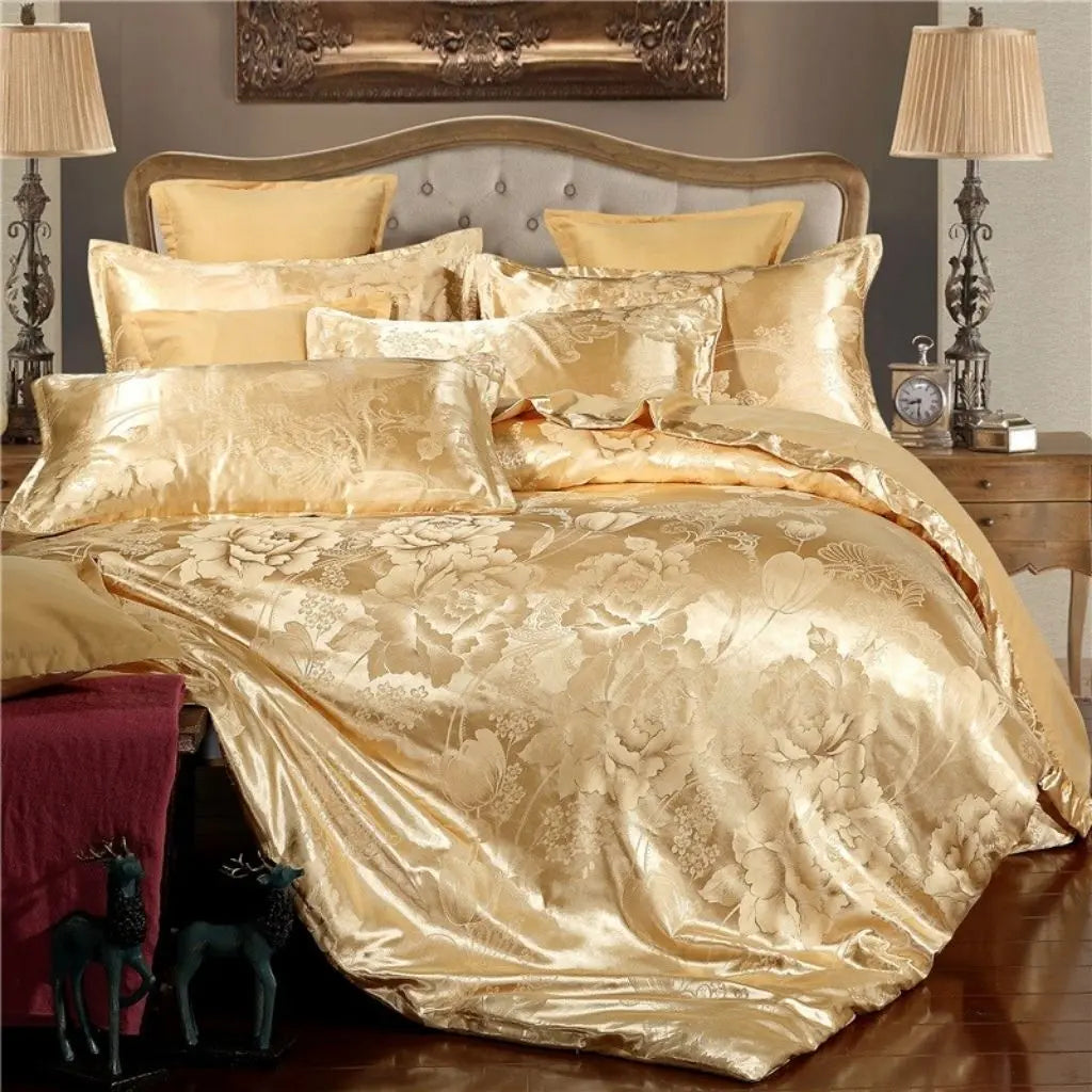 Gold Floral Jacquard Duvet Cover and Sheet Set on bed