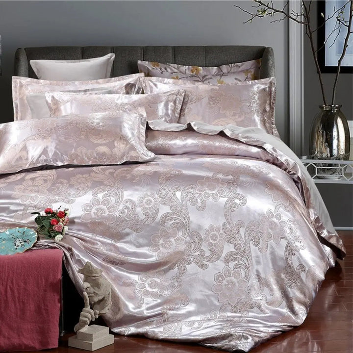 Grey Floral Jacquard Duvet Cover and Sheet Set on bed