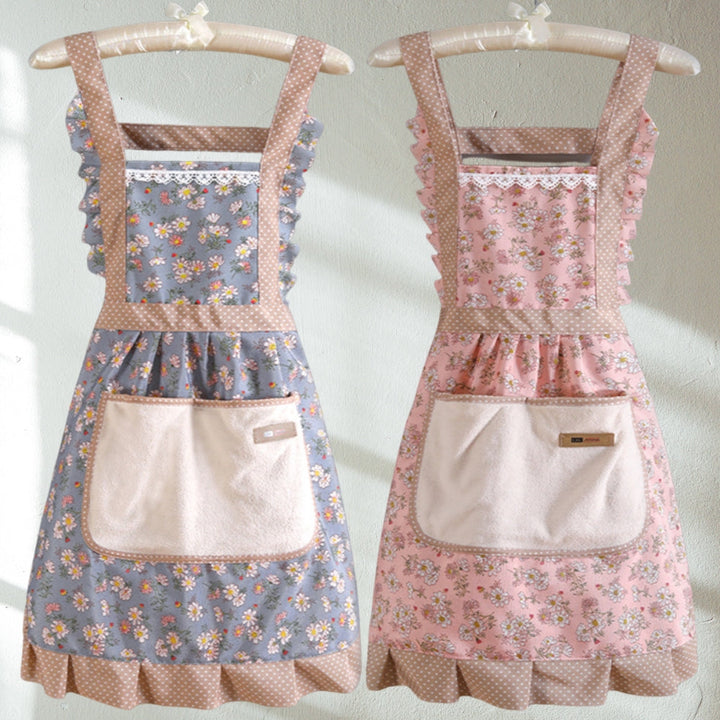 Blue and Pink Floral Ruffle Cotton Kitchen Aprons hanging side by side
