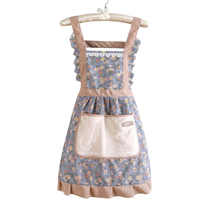 Blue Floral Ruffle Cotton Kitchen Apron front view