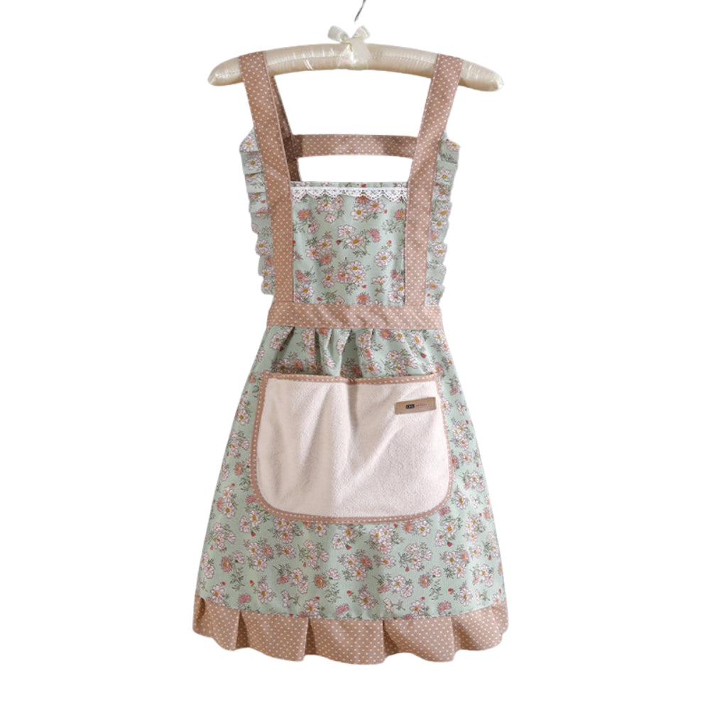 Green Floral Ruffle Cotton Kitchen Apron front view