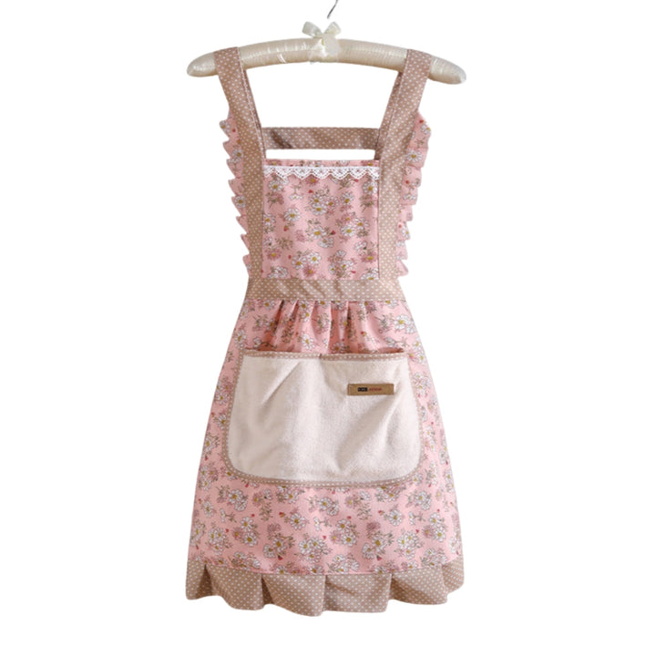 Pink Floral Ruffle Cotton Kitchen Apron front view