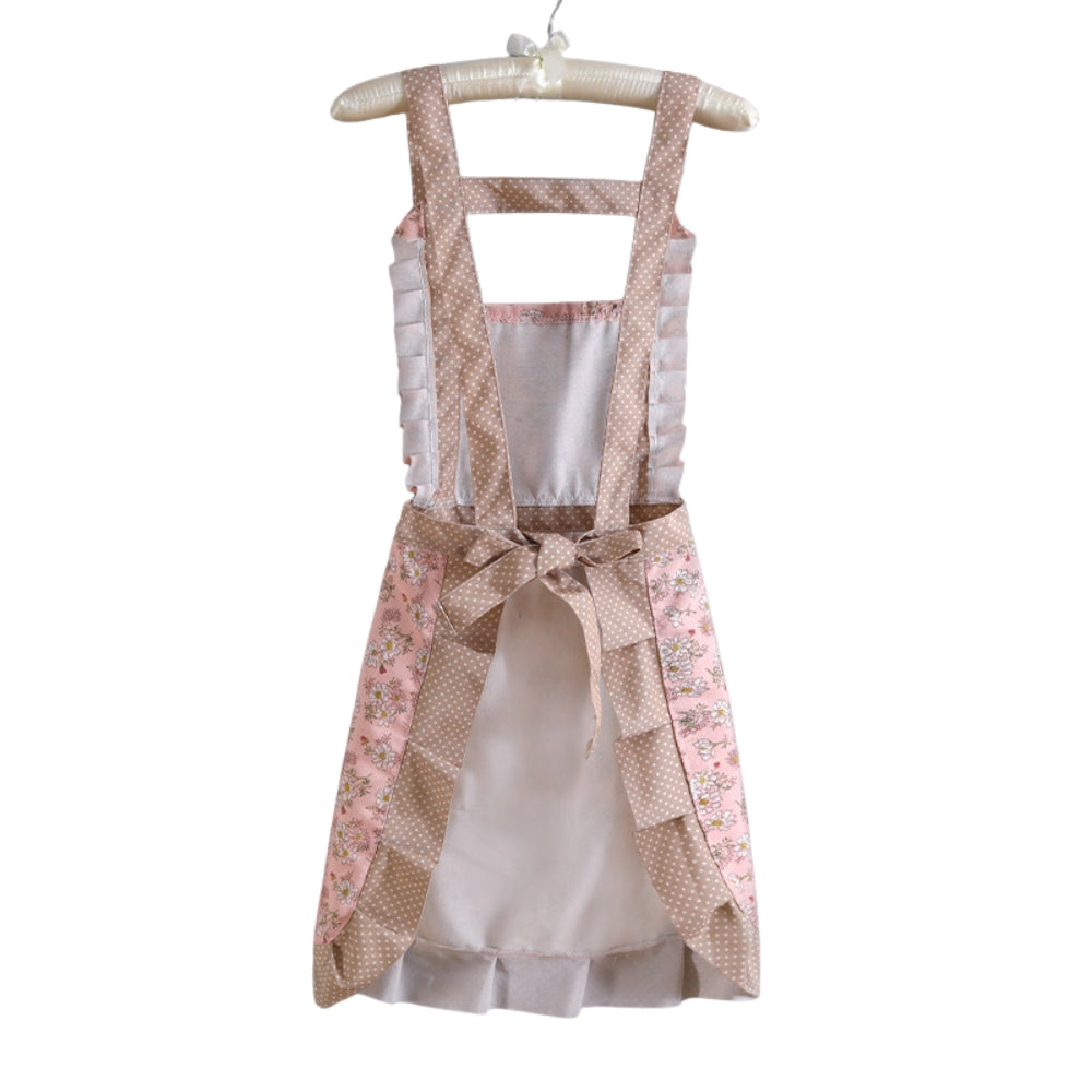 Pink Floral Ruffle Cotton Kitchen Apron back view with bow tie
