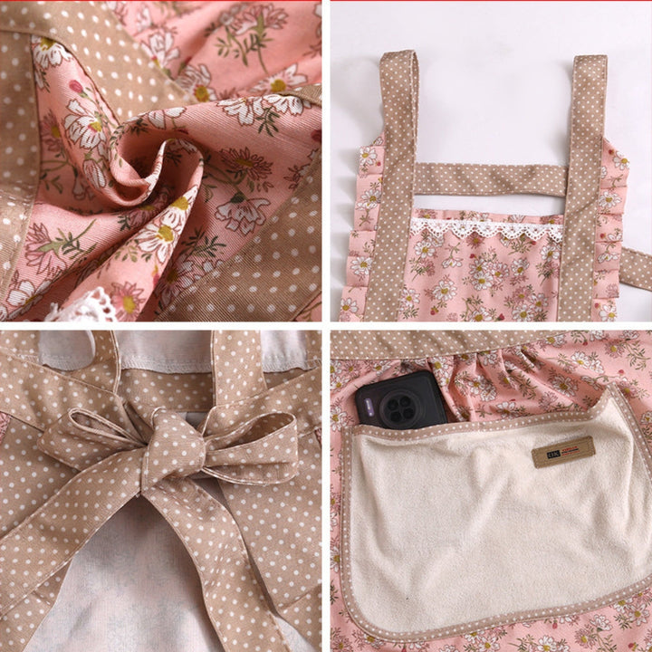 Floral Ruffle Cotton Kitchen Apron fabric, strap and pocket details