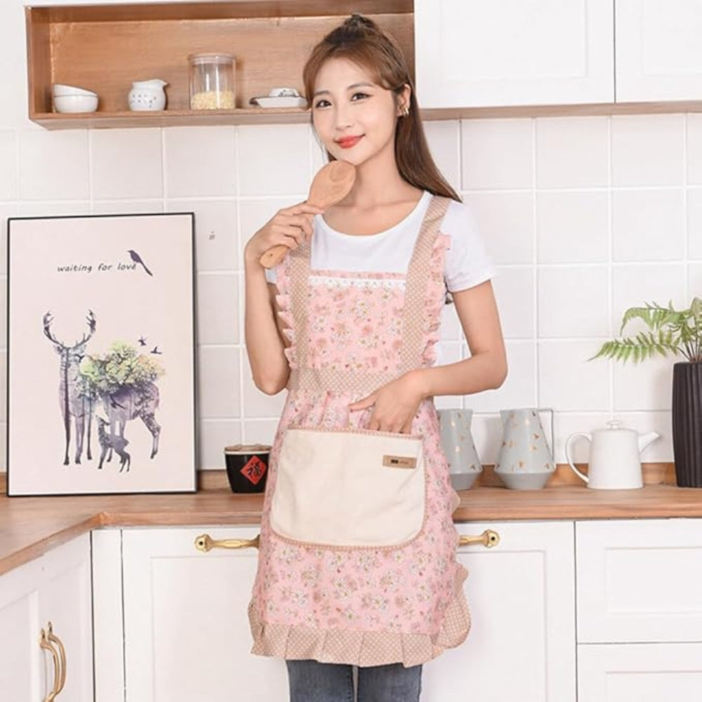 Pink Floral Ruffle Cotton Kitchen Apron worn in kitchen