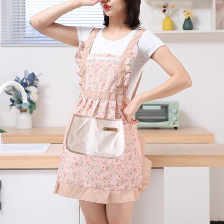 Pink Floral Ruffle Cotton Kitchen Apron worn side view