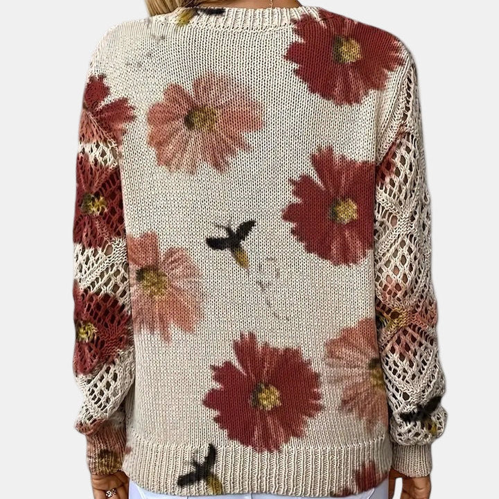Red Floral V-Neck Pullover Sweater back view