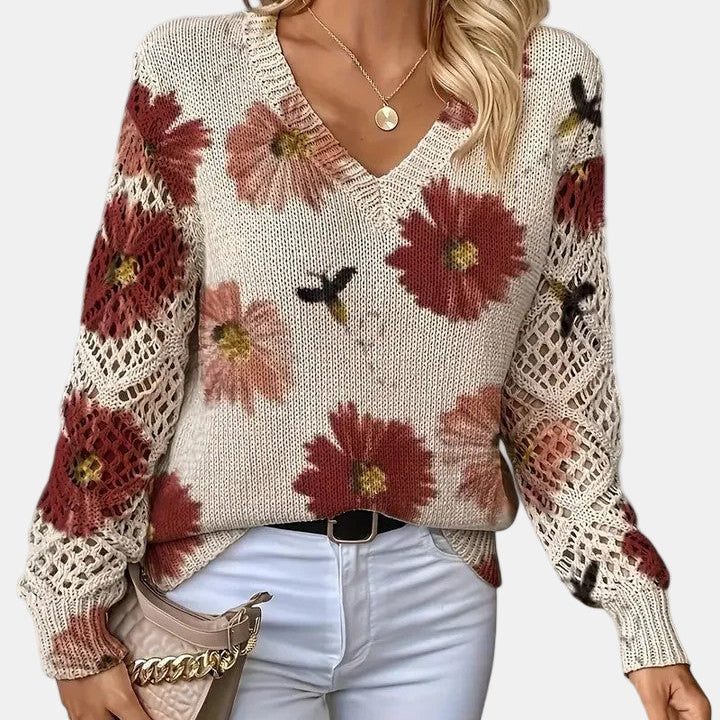 Red Floral V-Neck Pullover Sweater front view