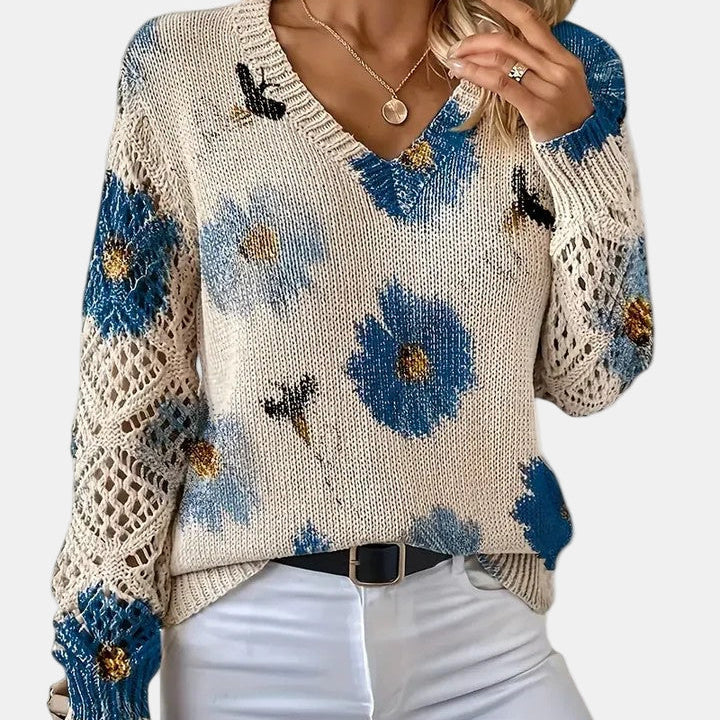 Blue Floral V-Neck Pullover Sweater front view