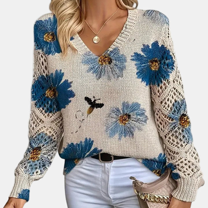 Blue Floral V-Neck Pullover front view