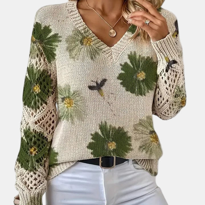 Green Floral V-Neck Pullover front view