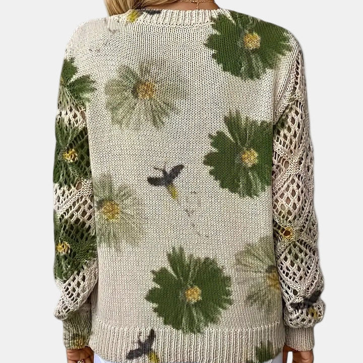 Green Floral V-Neck Pullover back view