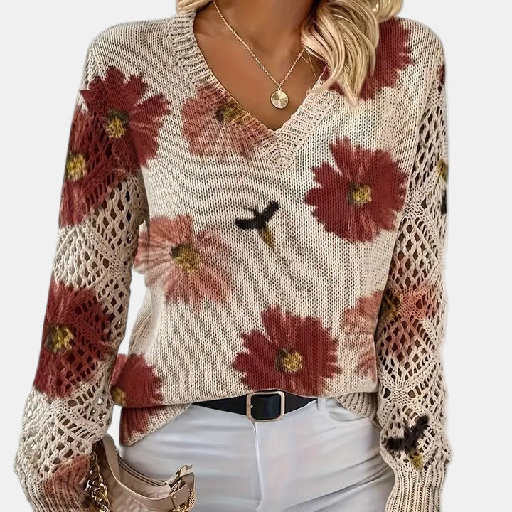 Red Floral V-Neck Pullover front view