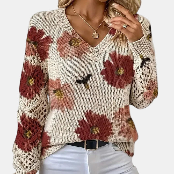 Red Floral V-Neck Pullover front view