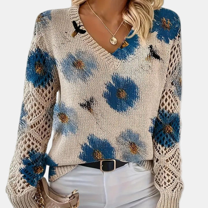 Blue Floral V-Neck Pullover front view