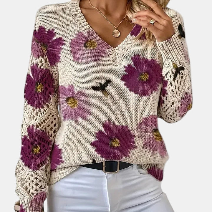 Purple Floral V-Neck Pullover front view
