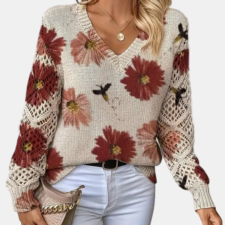 Red Floral V-Neck Pullover front view